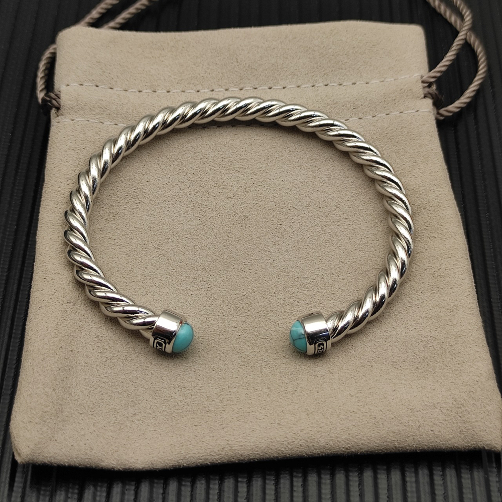 David Yurman 6mm Silver Turquoise Buttoned Cuff Bracelet - Picture 2 of 6